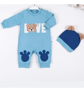 3-9 Ay Erkek Bebek Tulumu Love Bear Nakışlı Mavi