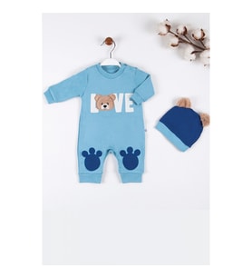 3-9 Ay Erkek Bebek Tulumu Love Bear Nakışlı Mavi