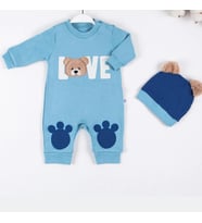 3-9 Ay Erkek Bebek Tulumu Love Bear Nakışlı Mavi