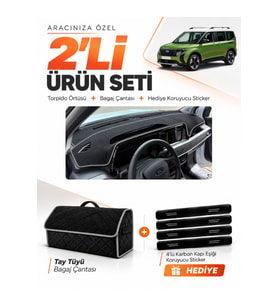 FORD COURİER (2024-2027) Uyumlu Torpido Örtüsü + Tay Tüyü Bagaj Çantası + Sticker Seti - Siyah Gri