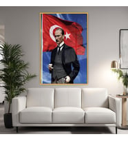 Metal Çerçeveli Temperli Cam Tablo Türk Bayrağı ve Kemal Atatürk (Gold)