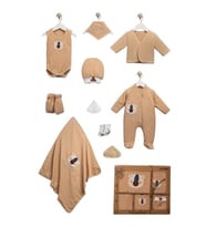 Organik Pamuk Yenidoğan 10 Parça Zıbın Set  Lu Organik Waffle Bear Lüx Set Uni (Kahverengi)
