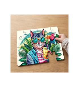 Gözlüklü Cool Kedi Tasarımlı 24 Parça Ahşap Çocuk Puzzle MPK0212