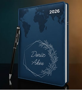 BK Gift Kişiye Özel İsimli Termo Sert Kapak 2026 Lacivert Ajanda & Kalem -9, Öğretmenler Günü Hediyesi, Yeni İş Hediyesi