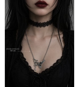Gotik Yılan Kanat Figürlü Gümüş Renk Unisex Kolye