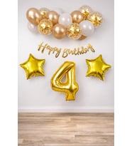 Gitti Gold Konsept Doğum Günü Kutlama Seti; Beyaz Gold Konfetili Balon, Rakam Yıldız Folyo ve Banner (4 Yaş)