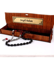 Gümüş Püsküllü Sevgili Babam Yazılı Ahşap Kutulu Ateş Kehribar Tesbih (Gri)