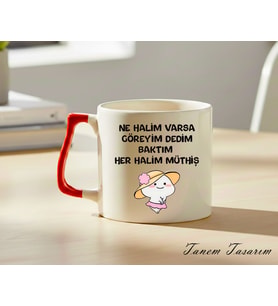Kırmızı Kulp - Lüks Kupa Kahve Çay Fincanı Hediye Kupa Ofis ve Ev Için Dekoratif Şık Bardak