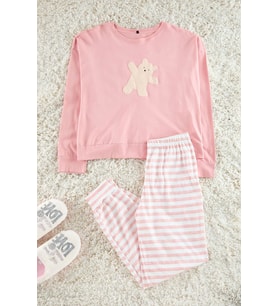 Tarz Rahat Uzun Kollu Lastikli Paça %100 Pamuklu Ayıcık Baskılı Örme Pijama Takımı (Pembe)