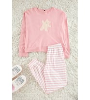 Tarz Rahat Uzun Kollu Lastikli Paça %100 Pamuklu Ayıcık Baskılı Örme Pijama Takımı (Pembe)