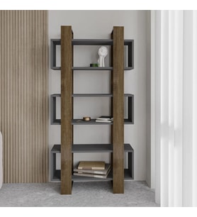 Milano Kitaplık, İstanbul Ceviz/Antrasit, Raflı Kitaplık, Kütüphane, Çalışma Odası, Ev-Ofis