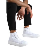 Unisex Yüksek Taban Boğazlı Convers Model Keten Sneaker Spor Ayakkabı Bot BEYAZ