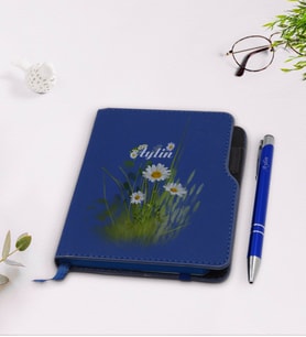 BK Gift Kişiye Özel Papatya Temalı Lacivert Termo Deri Defter Kalem Seti-13