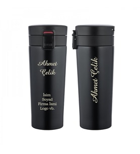 Wings Stainless Steel Mat Siyah İsme Özel Çelik Termos 500ml.  304 Paslanmaz Çelik - Kaydırmaz Taban - Kilitli Kapak - Hava Çıkışlı - Sızdırmaz (Karışık)