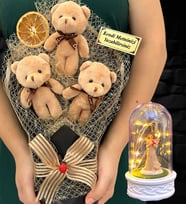 Kişiye Özel Kahve Peluş Ayıcık Buketi ve Led Işıklı Fanus - Premium Hediye Seti (Model 4)