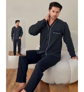 Lindros Erkek Gömlek Yaka İnterlok Uzun Kol Pijama Takımı 00148 - 1 Adet (Lacivert)
