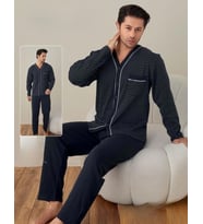 Lindros Erkek Gömlek Yaka İnterlok Uzun Kol Pijama Takımı 00148 - 1 Adet (Lacivert)