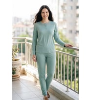 Kadın Dantelli Bambu Viskon Uzun Kollu Mevsimlik Soft Örme Pijama Takımı Açık Yeşil