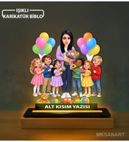 Kişiye Özel Öğretmen Öğrenciler Anaokulu Karikatürlü 14 cm MDF Işıklı Biblo - Öğretmen Hediyesi Öğretmene Özel Hediye