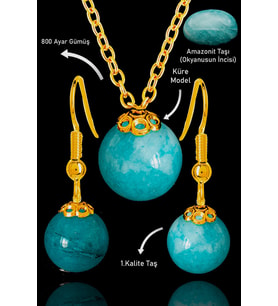 Sertifikalı Gold Küre Model Amazonit Taşı Kolye ve Küpe Seti - Gümüş Aparatlı (Çok Renkli)