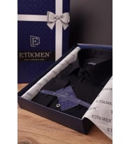 Siyah Saten Slimfit Hediye Kutulu Erkek Gömlek