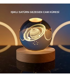 3d Satürn Gravürlü Kristal Küre Dekoratif Led Işıklı Gece Lambası