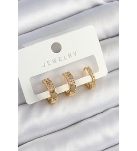Pirinç Zirkon Taşlı Halka Model Gold Renk 3'lü Çift Kadın Küpe Set 5886 - GLST8400-8769