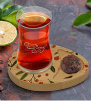 BK Gift Kişiye Özel Meyve Tasarımlı Doğal Ahşap Tabaklı Heybeli Çay Bardağı Sunum Seti Model 1