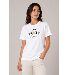 Müzik Temalı Baskılı Tişört Bisiklet Yaka Kısa Kol T-Shirt - Beyaz
