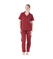 Estiva Kareli Desen Önden Düğmeli Bayan Pijama Takım (Kırmızı)