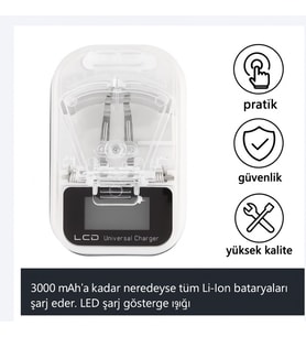 LED Ekranlı Evrensel Li-Ion Batarya Şarj Cihazı + USB Girişli