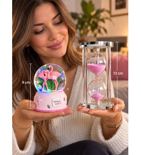 Flamingo Temalı RGB Işıklı Kar Küresi 9 cm & 5 Dakikalık Kum Saati 13 cm Dekoratif Hediye Seti