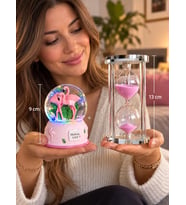 Flamingo Temalı RGB Işıklı Kar Küresi 9 cm & 5 Dakikalık Kum Saati 13 cm Dekoratif Hediye Seti
