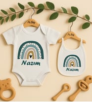 Pia Baby Premium %100 Pamuk İsme Özel Organik Baskılı Çıtçıtlı Bebek Body Ve Önlük 5092-20 (Ekru)