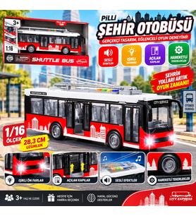 Pilli Şehir Otobüsü 1/16 Ölçek Sesli Işıklı Açılan Kapılı Gerçekçi Oyuncak Otobüs 28,3 cm