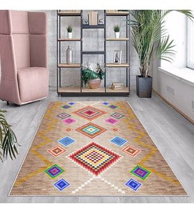 Bej Geometrik Desenli Yıkanabilir Kaymaz Taban Leke Tutmaz Modern Salon Halısı ve Yolluk