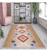 Bej Geometrik Desenli Yıkanabilir Kaymaz Taban Leke Tutmaz Modern Salon Halısı ve Yolluk