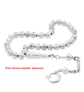 Helezon Tasarım Kalem İşçilikli Ayyıldız Püsküllü Küre Kesim Gümüş Renk Alpaka Tesbih