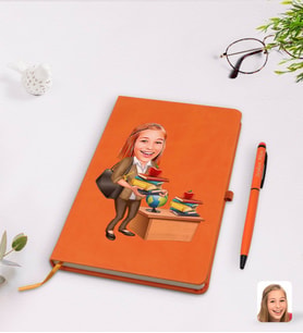 BK Gift Kişiye Özel Kadın Öğretmen Karikatürlü Turuncu Termo Deri Defter Kalem Seti Model 4