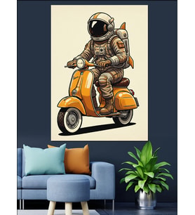 Scooter Süren Astronot Komik Dekoratif Kanvas - Mdf Ahşap Tablo