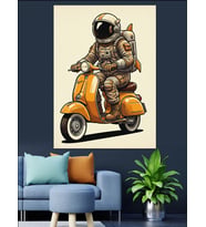 Scooter Süren Astronot Komik Dekoratif Kanvas - Mdf Ahşap Tablo