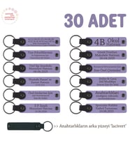Mezuniyet Sonrası Sınıfa Toplu Hediye, 30'lu Set, Kişiye Özel Yazılı Deri Anahtarlık, Mor & Lacivert (Lila - Mor)