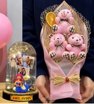 Size Özel 3 Fotoğraflı İsimli Led Işıklı Fanus ve Büyük Boy Pembe Ayıcık Buketi (Model 7)