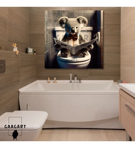 Tekli Kare Kanvas Banyo Tablosu Gazete Okuyan Papyonlu Koala