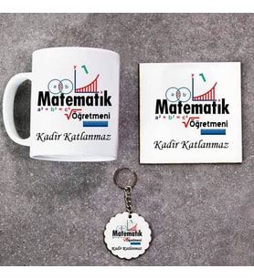 Matematik Öğretmeni Kupa Bardak Altlık ve Anahtarlık Hediye Seti (Model 1)