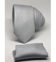 Açık Gri Mendilli Slim Fit Oxford Kuş Gözü Desen Kravat