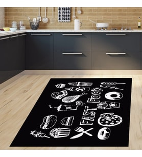 Kitchen Fastfood Dijital Baskılı Kaymaz Taban Yıkanabilir Leke Tutmaz Mutfak Halısı (Siyah)