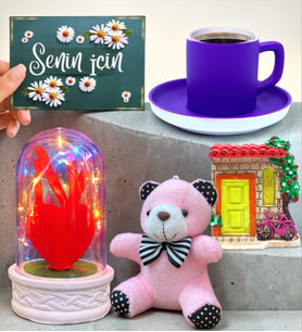 Mor Kahve Fincanlı Renkli Led Işıklı Fanuslu Hediye Seti (Model 6)