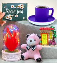 Mor Kahve Fincanlı Renkli Led Işıklı Fanuslu Hediye Seti (Model 6)