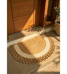 Yarım Ay Jüt Paspas El Yapımı Doğal Karşılama Paspası Jüt Kapı Önü Paspası Banyo ve Balkon Kilimi Karavan Tekne Ev Ofis Otel Yurt Dekorasyonu (EKURİ-ŞERİT, 45 X 75 CM)